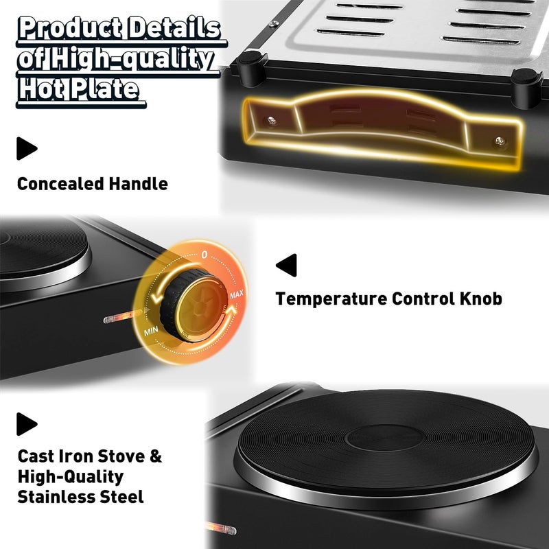 CUSIMAX Hot Plate,1500W Electric Portable Cast Iron Stove with Temperature Controls,Hot Plates for Cooking,Compatible for All Cookwares,Concealed Handle,Easy to Clean - Image 3